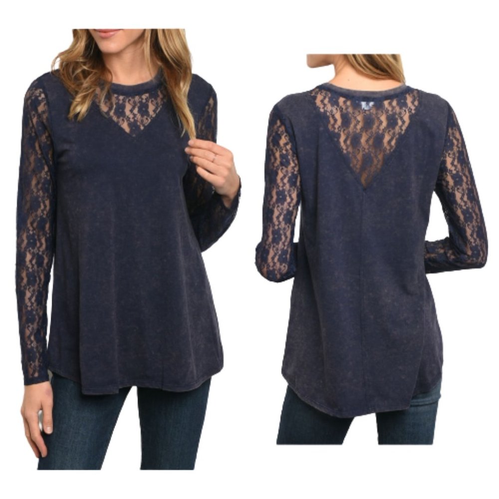 loveriche Dark Blue Mixed Media Top Lace Long Sleeves Blouse NEW